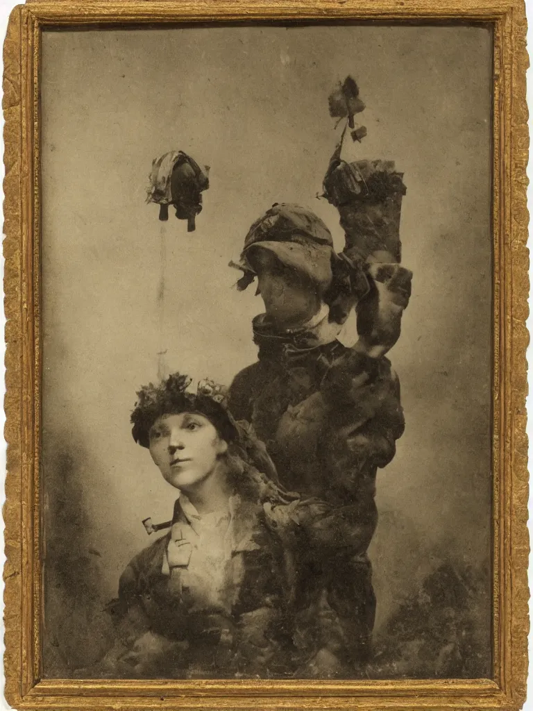 Prompt: portrait of a lonely female soldier floating in the air, wearing a crown, by george henry harlow