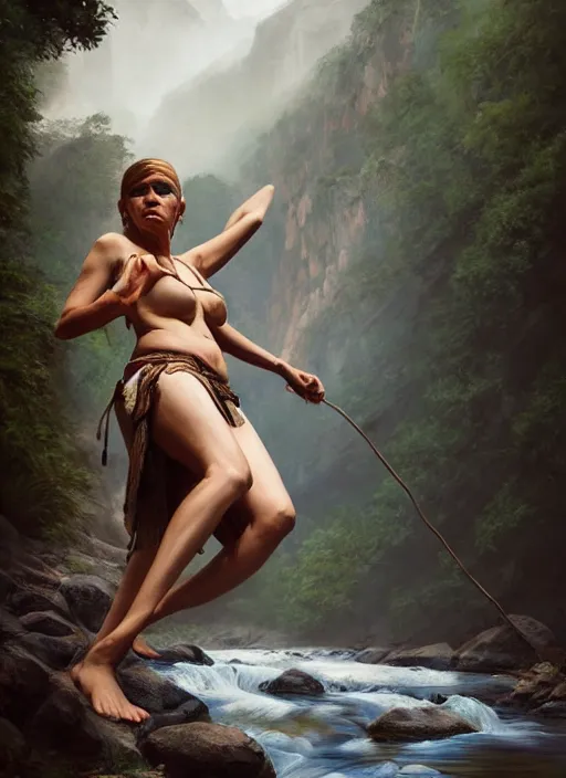 Image similar to photo of a gorgeous old young woman dressed as a man, climbing a river in tribal mountains the style of stefan kostic, realistic, sharp focus, 8k high definition, insanely detailed, intricate, elegant, art by stanley lau and artgerm