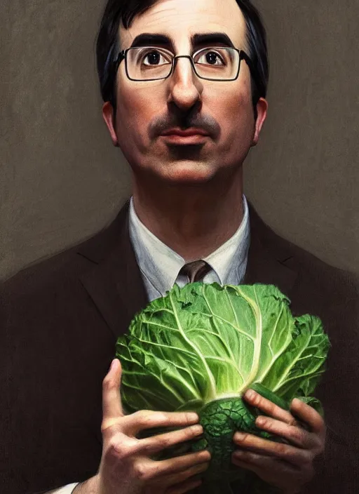 Prompt: a portrait of john oliver holding a cabbage, farm, stoic, fantasy, intricate, elegant, beautiful, highly detailed, charcoal, centered, dark, smokey, digital painting, artstation, concept art, smooth, sharp focus, illustration, art by artgerm and greg rutkowski and alphonse mucha