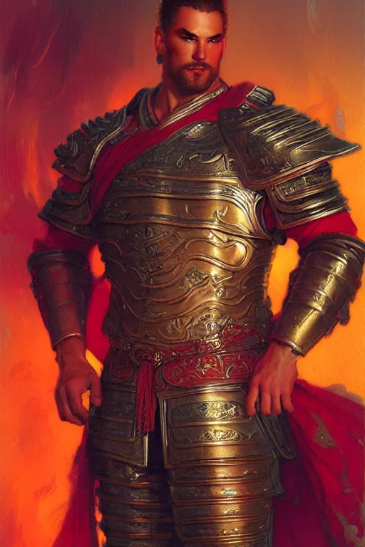 Image similar to attractive beefy male with armor, ming dynasty, character design, colorful, neon lights, painting by gaston bussiere, craig mullins, j. c. leyendecker, tom of finland