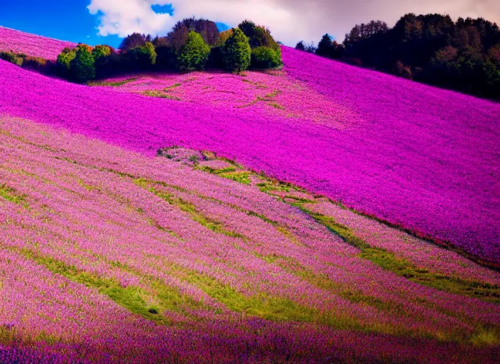 Prompt: fields full of flowers, pink and purple trees and blue sky with hills in the background. Intricate. Very detailed 8k. Fantasy. Sharp. Cinematic post-processing.