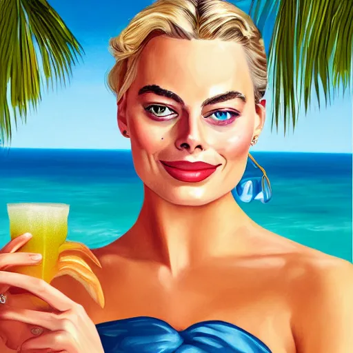 Image similar to a portrait of margot robbie holding a coctail on the beach, beautiful face, highly detailed, digital art