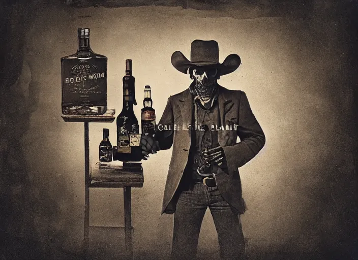 Image similar to hybrid pixar tintype photograph of a renegade skeleton cowboy outlaw at a busy saloon in the old west, holding a bottle of whiskey, wide angle, volumetric lighting, cinematic, bokeh, octane render