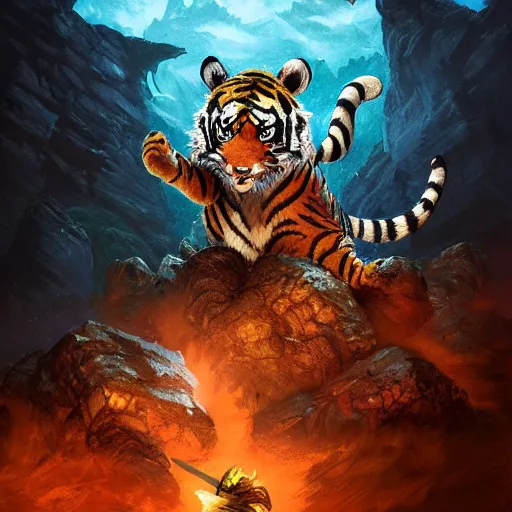 Image similar to Mouse/tiger, ferocious, angry, biting, magic the gathering artwork, D&D, fantasy, cinematic lighting, centered, symmetrical, highly detailed, digital painting, artstation, concept art, smooth, sharp focus, illustration, volumetric lighting, epic Composition, 8k, art by Akihiko Yoshida and Greg Rutkowski and Craig Mullins, oil painting, cgsociety