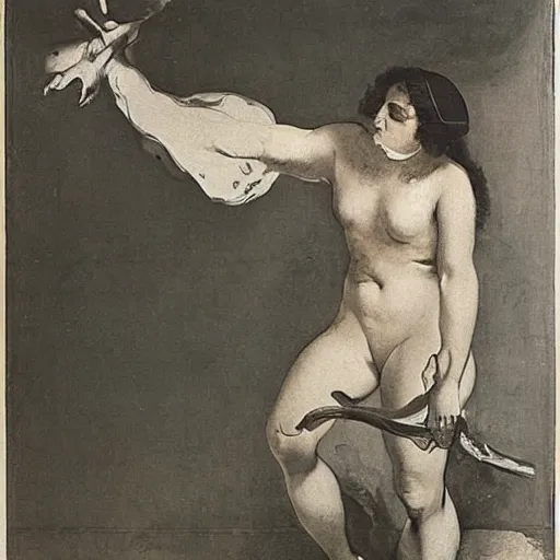 Image similar to A performance art. A rip in spacetime. Did this device in her hand open a portal to another dimension or reality?! cow print by Théodore Géricault unified