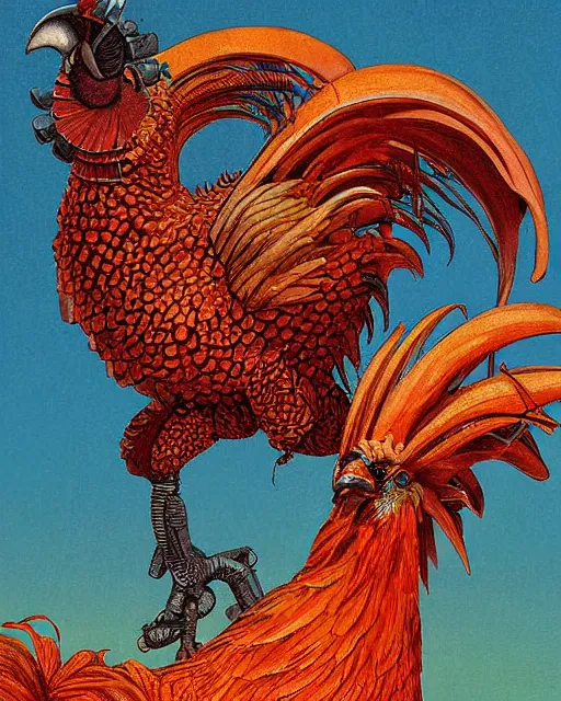 Image similar to digital painting of an ominous mechanical rooster, by wayne barlowe and bob pepper, dieselpunk, highly detailed, intricate, sharp focus, portrait, talons, anatomy, studio ghibli color scheme, tarot card