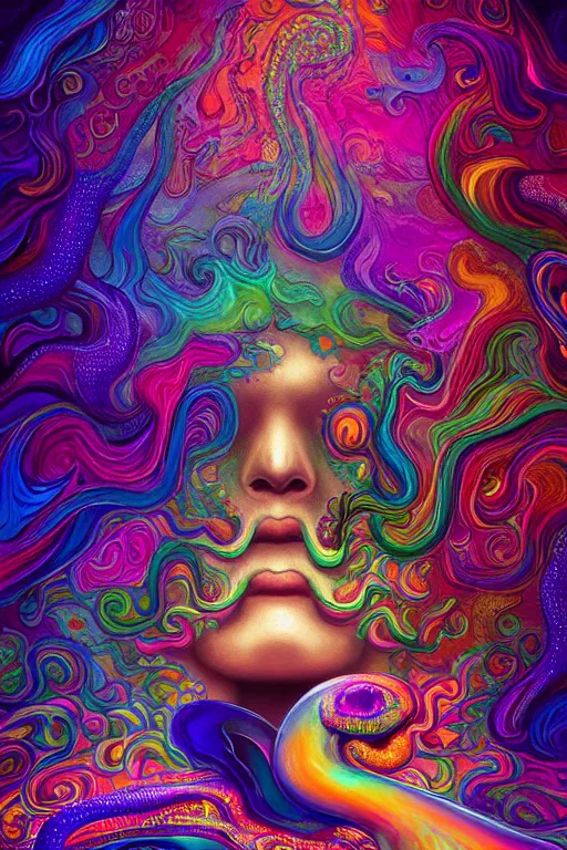 Image similar to colorful liquid smoke morphing into happy sleeping faces, extremely colorful psychedelic experience, dmt, psilocybin, lsd, intricate, elegant, highly detailed, digital painting, artstation, smooth, sharp focus, illustration, art by hana yata, android jones, octane render, unreal engine, 8 k