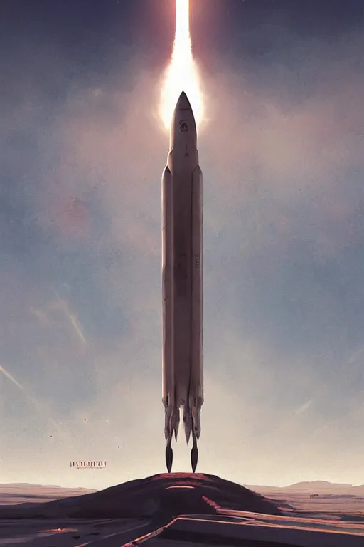 Image similar to poster artwork. distant rocket taking off. on the horizon. during golden hour. symmetry. washed out. desaturated. art by wlop, mars ravelo and greg rutkowski.