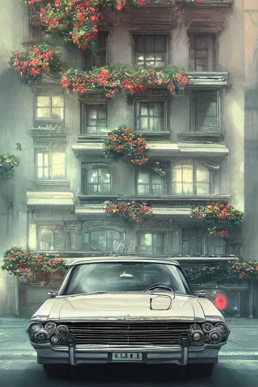 Image similar to ultra realistic illustration, old vintage car in the city with flowers blooming out the window, elegant, highly detailed, digital painting, concept art, smooth, sharp focus, illustration, art by greg rutkowski