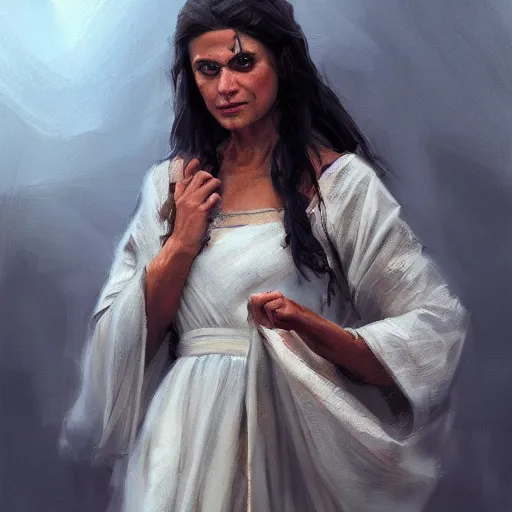 Image similar to Portrait of a Greek Woman in Hellenic dress, oil painting by Cedric Peyravernay, highly detailed, cinematic concept art, dramatic lighting, trending on Artstation