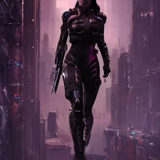 Image similar to tessa thompson full body portrait, dystopia core, gothic armor, warrior, dramatic, sharp focus, cyberpunk, neon, fantasy, hyper detailed, digital art, trending in artstation, cinematic lighting, studio quality, smooth render, unreal engine 5 rendered, octane rendered, art style and nixeu and wlop and krenz cushart