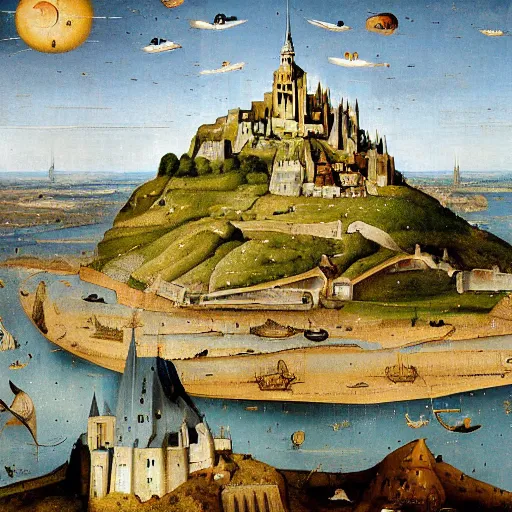 Image similar to Stunning and highly detailed painting of Mount Saint-Michel by Hieronymus Bosch