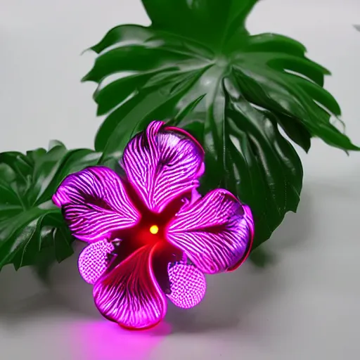 Image similar to mechanical, cybertronic, led hibiscus flower, glowing