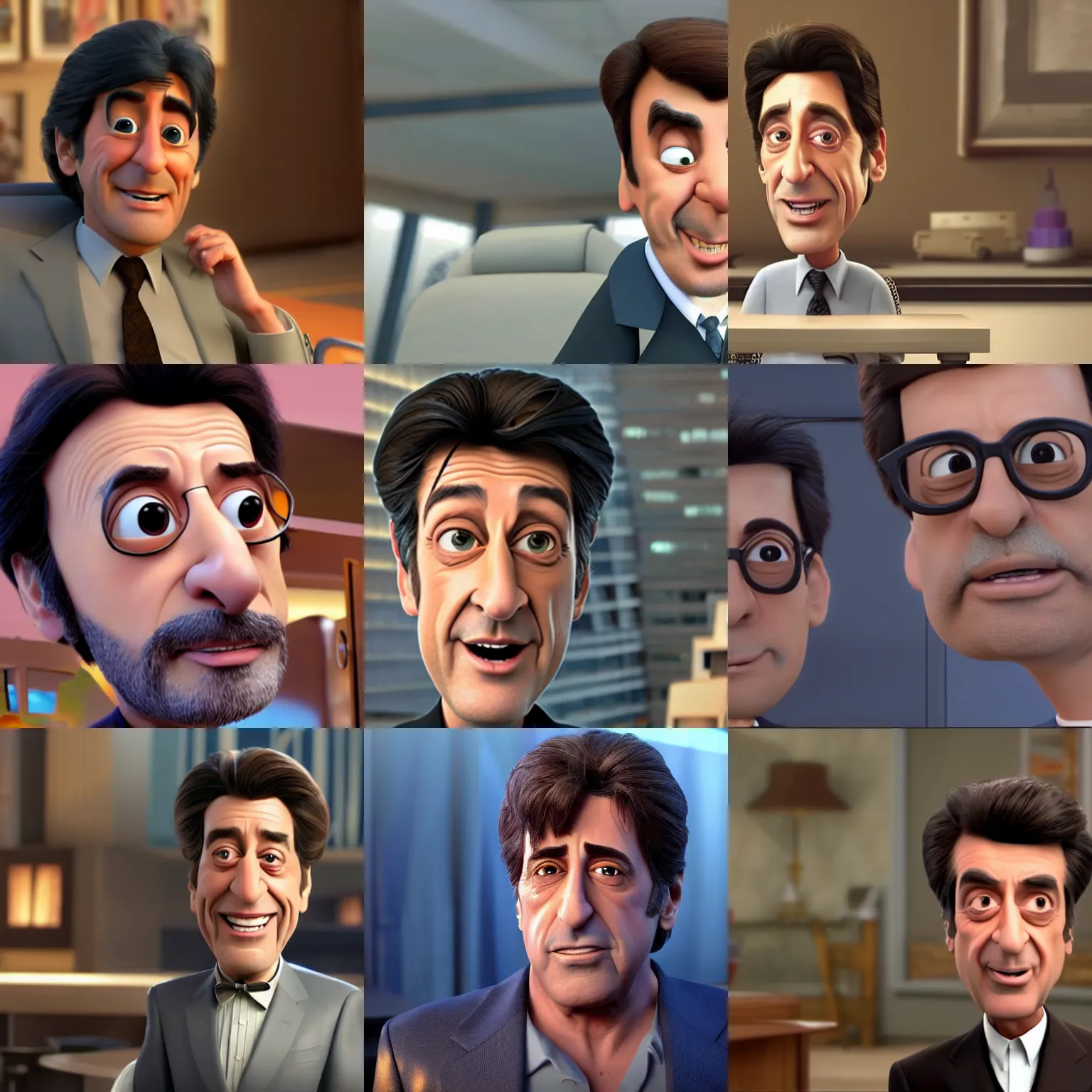Prompt: screenshot of al pacino in a pixar movie. 3 d rendering. unreal engine. amazing likeness. very detailed. cartoon caricature.