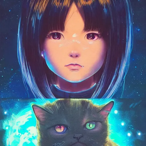 Image similar to A space realistic cat with big and cute eyes, || VERY ANIME, fine-face, realistic shaded perfect face, fine details. Anime. realistic shaded lighting poster by Ilya Kuvshinov katsuhiro otomo ghost-in-the-shell, magali villeneuve, artgerm, Jeremy Lipkin and Michael Garmash, Rob Rey and Kentarõ Miura style, trending on art station