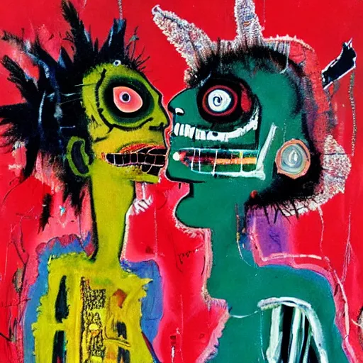 Image similar to expressive painting of two bizarre psychedelic femme creatures kissing each other closeup, speculative evolution, mixed media collage by basquiat and jackson pollock, magazine collage art