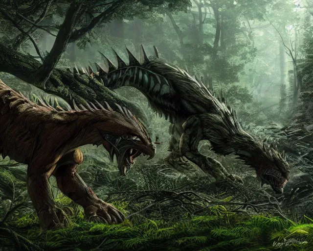 Image similar to predators lurking in the woods, matte painting, ultra wide shot, sharp focus, wallpaper art, dramatic lighting, concept artwork by greg rutowski and murata range