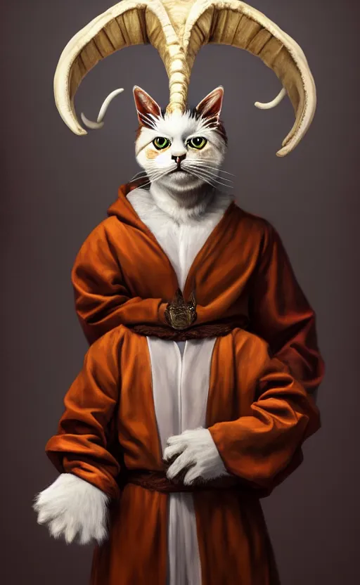 Prompt: a bipedal cat that has goat horns, anthropomorphic cat that is wearing robes, oil painting, by diego velazquez, dnd, character reveal, cosmic, magical, fog, noble, full body portrait, intricate, extremely detailed, cult, ritual, 4 k, 8 k