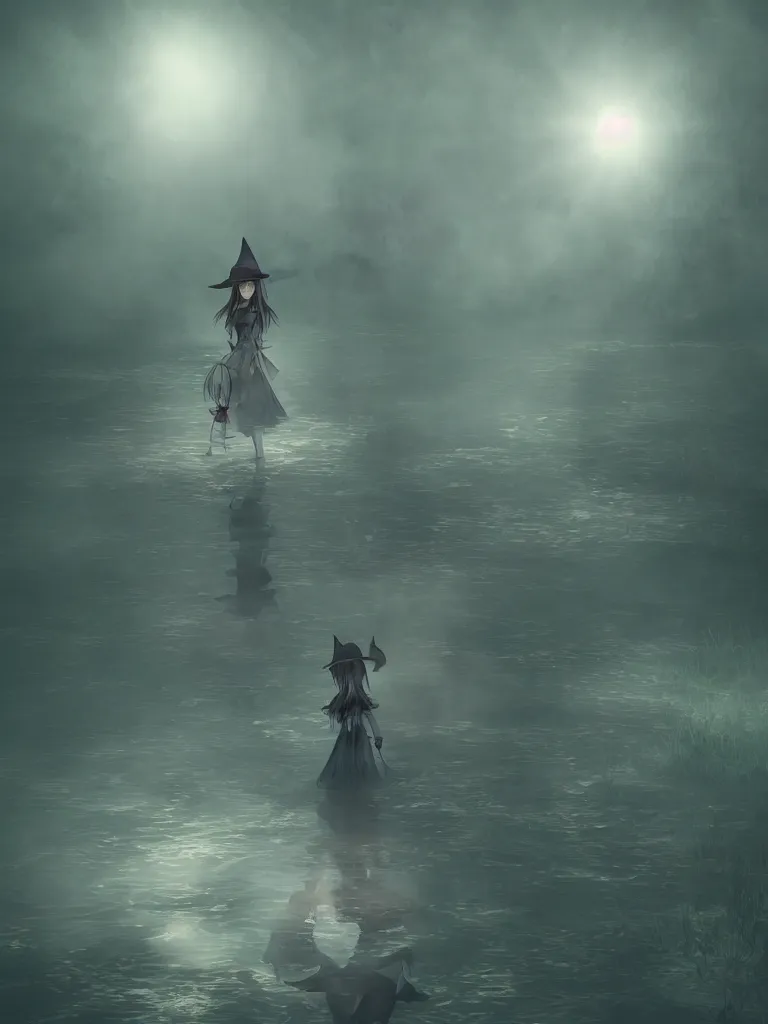 Prompt: cute fumo plush girl witch standing in reflective murky river water, gothic horror maiden in tattered cloth, volumetric fog and smoke in hazy abyss, light shafts shining through the dusky light, moonglow, lens flare, chibi anime, vray