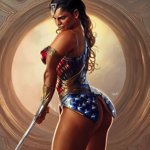 Image similar to full figure ultra realistic illustration, beyonce as wonder woman, beautiful, intricate, elegant, highly detailed, digital painting, artstation, concept art, smooth, sharp focus, illustration, art by artgerm and greg rutkowski and alphonse mucha