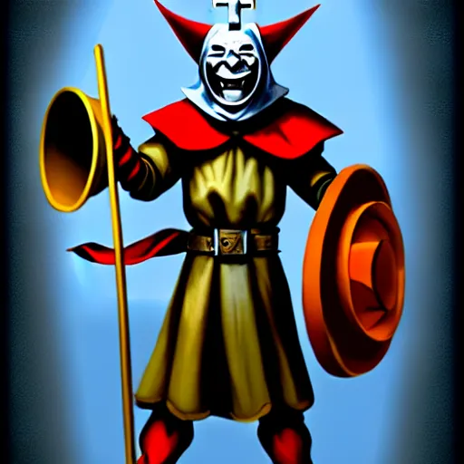 Image similar to of a realistic illustration dumb jester fool crusader knight that is the anti - communism crusader character, full plate, totally mad and yelling, shouting using a megaphone, artstation digital art,,