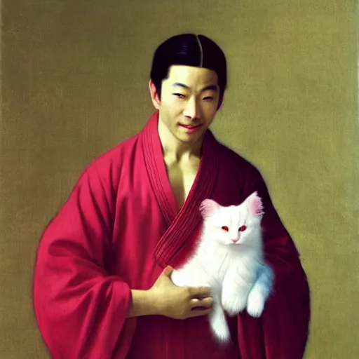 Prompt: A beautiful young Asian man with long shiny hair, light skin color and big green eyes in a beautiful traditional Chinese robe, holding a white fluffy kitten and watching dolphins playing in the pool, he is a prince and a serious person but is smiling, by Johannes Vermeer, Frank Frazetta and William Adolphe Bouguereau, fantasy, trending on artstation, amazing details, mtg, digital painting, concept art