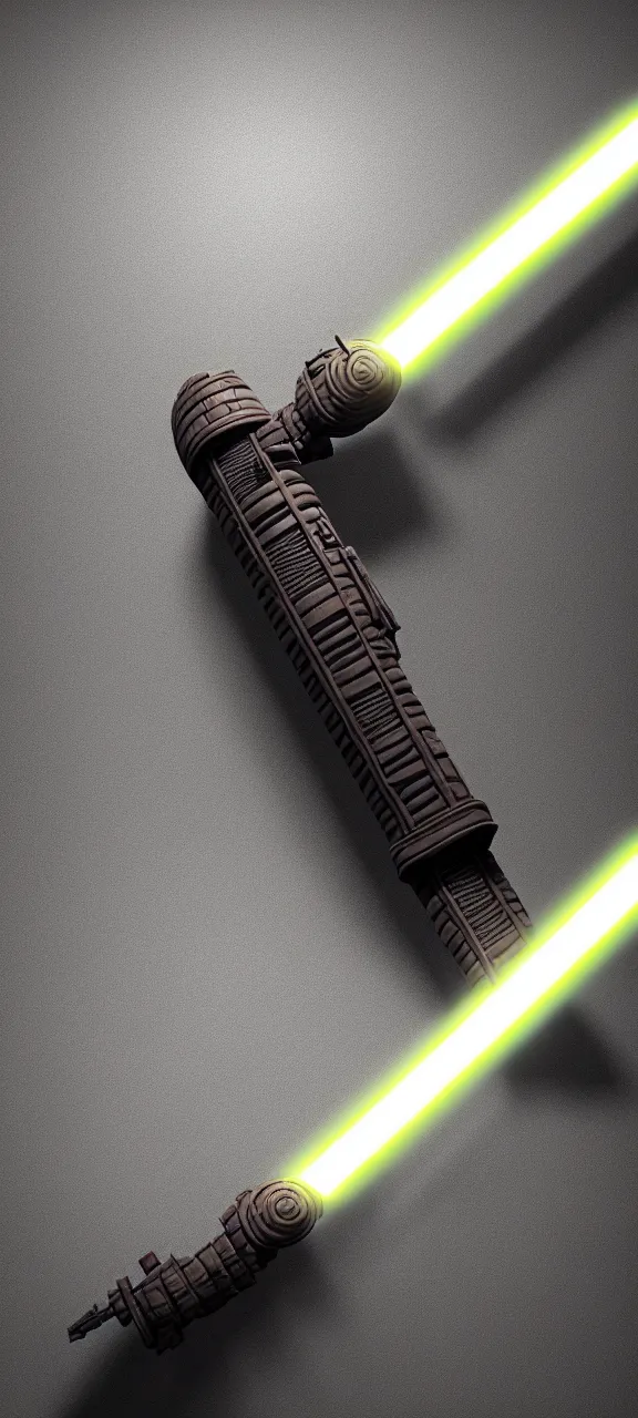 Image similar to ultra - detailed cinematic render, of a lightsaber hilt, that lies vertically on a carved stone, lit up in a dark room, photo from above, octane render, by mizuriau on deviantart, high quality, digital art, 8 k, jedi fallen order, volumetric lighting