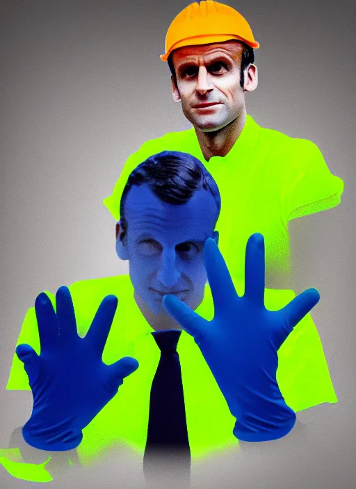 Image similar to emmanuel macron wearing hivis and rubber gloves, digital art