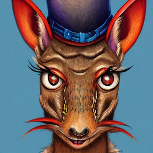 Image similar to a dik dik monster with tattoos wearing a fedora, colorful, digital art, fantasy, magic, trending on artstation, ultra detailed, professional illustration by basil gogos