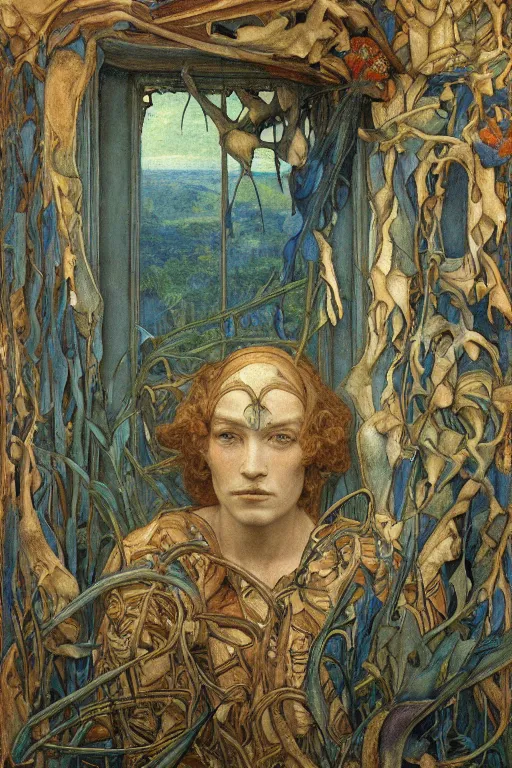 Image similar to the prince in his bone crown and regalia stands by the window at dusk,by Annie Swynnerton and Diego Rivera and Elihu Vedder, symbolist, dramatic lighting, elaborate geometric ornament, Art Brut, soft blues and greens,smooth, sharp focus, extremely detailed, Adolf Wölfli and (Evelyn De Morgan)