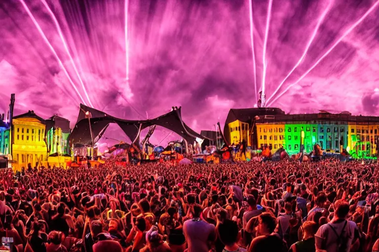 Prompt: techno festival in helsinki in hot summer night, beautiful, cinematic multicolor lighting, photorealistic, hyperrealistic, highly detailed, close - up, high resolution, 4 k