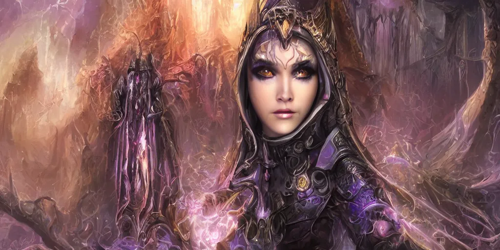 Image similar to minatory precipice cyber sisters of Moria, cyber embellishment, beautiful woman face, 8k resolution