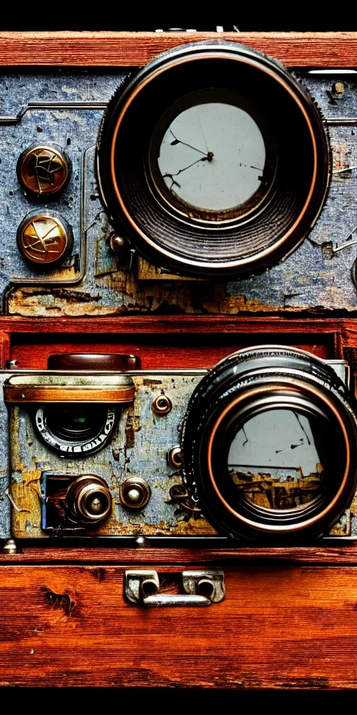 Image similar to A photo of a very old opened device with vacuum tubes, film, capacitors and coils inside, and a camera lens on the outside on an old wooden table by Wes Anderson, grungy, weathered Ultra detailed, hyper realistic, 4k
