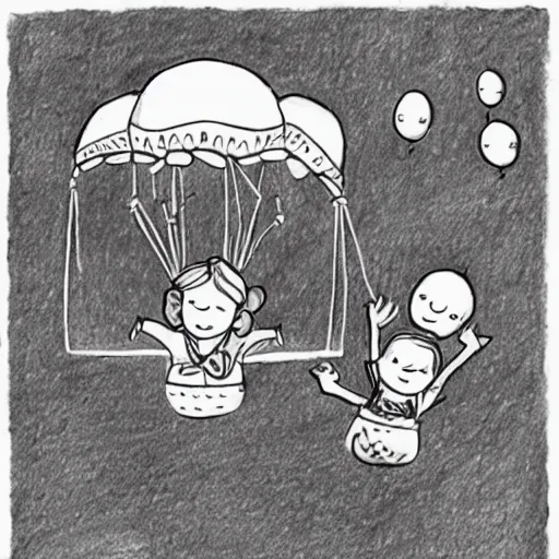 Prompt: a drawing of two children in a hot air balloon, a storybook illustration by jessie newbery, featured on dribble, plein air, storybook illustration, flat shading, whimsical