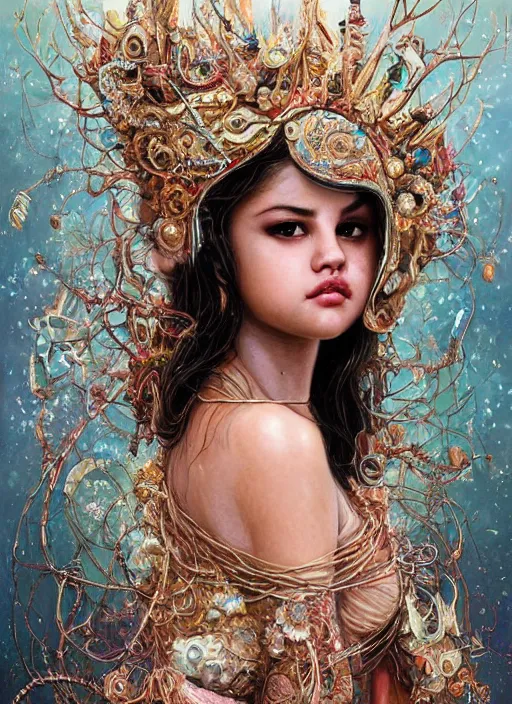 Prompt: expressive photo of selena gomez mixed with sophia lauren, bumpy mottled skin full of blood and scars, ornate headpiece made from crystals, cables and wires, hypermaximalist, elegant, body horror, by karol bak nd yoshitaka amano and greg rutkowski and jeremyg lipkinng and artgerm, photorealistic