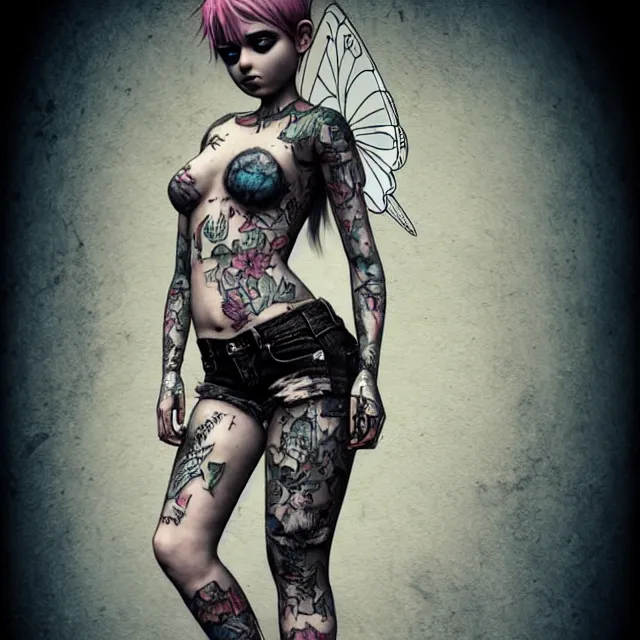 Image similar to full body pose, beautiful adult punk fairy, dirty, grungy, grunge, tattoos, piercings, combat boots, highly detailed, 4 k, hdr, smooth, sharp focus, high resolution, award - winning photo, artgerm, photorealistic