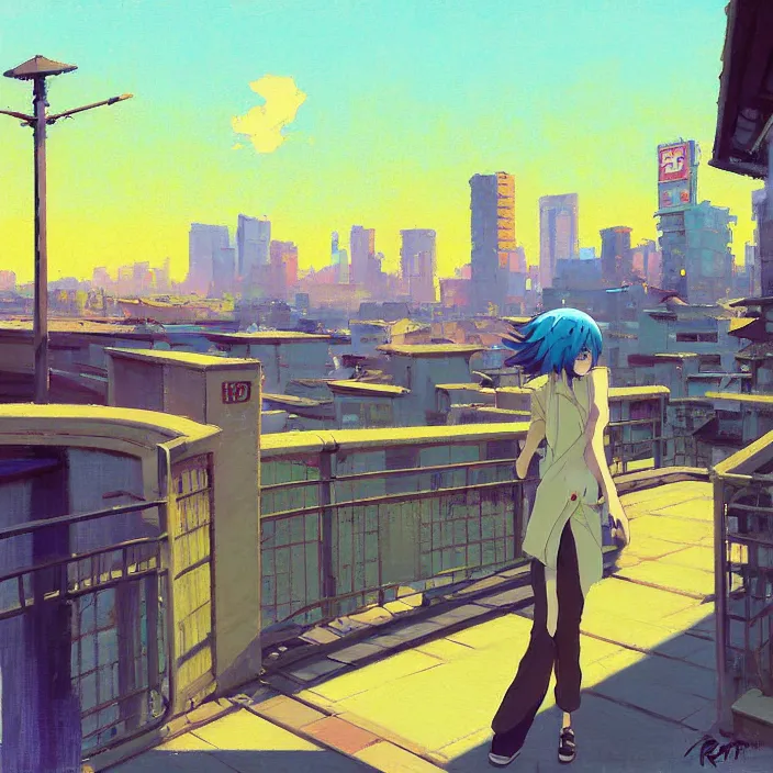 Image similar to front view painting of a stone railing urban japanese city in the background in the style of cowboy bebop, anime style, calm, sunny day, bright, artwork by jeremy lipkin and giuseppe dangelico pino and michael garmash and rob rey and greg manchess and huang guangjian and makoto shinkai, sharp edges, simple form, 1 0 0 mm
