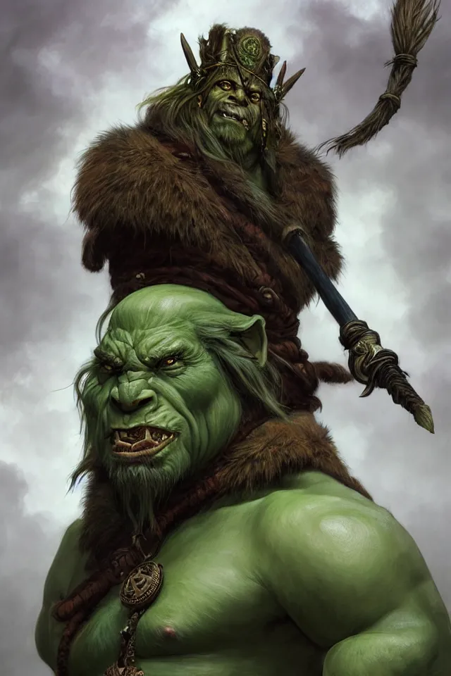 Image similar to portrait of a druidic green mountain orc, looking at camera, d & d, savage warrior, fur attire, aztec hair, large noses, intricate, fantasy, extremely detailed, digital painting, artstation, concept art, smooth, sharp focus, illustration, ambient lighting, art by artgerm and greg rutkowski and alphonse mucha and simon stalenhag