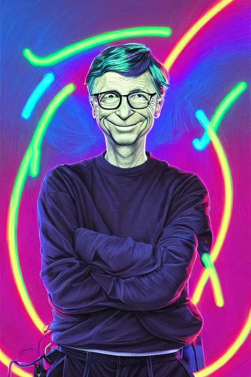 Prompt: a award winning half body portrait of a bill gates with stunning eyes in a croptop and cargo pants with rainbow colored hair, outlined by whirling illuminated neon lines and fine lines swirling in circles by jesper ejsing and rhads and makoto and shinkai and lois van baarle, digital art, trending on artstation