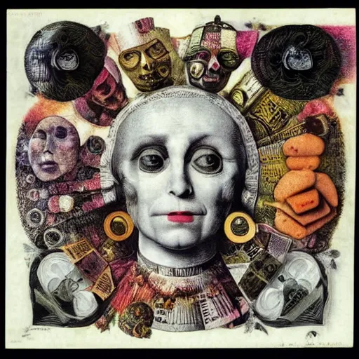 Image similar to post - punk new age album cover, asymmetrical design, dollar bank notes, capitalism, magic, apocalypse, psychedelic, black white pink, magic, giger h. r., giuseppe arcimboldo