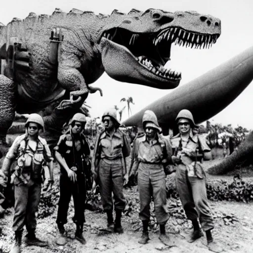 Prompt: soldiers taking a picture with a tyrannosaurus rex in the vietnam war, black and white, eddie adams, david burnett, robert capa, al chang, niel davis, marc riboud