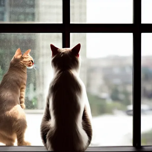 Image similar to an anthropomorphized cat in a business suit, looking out a window,