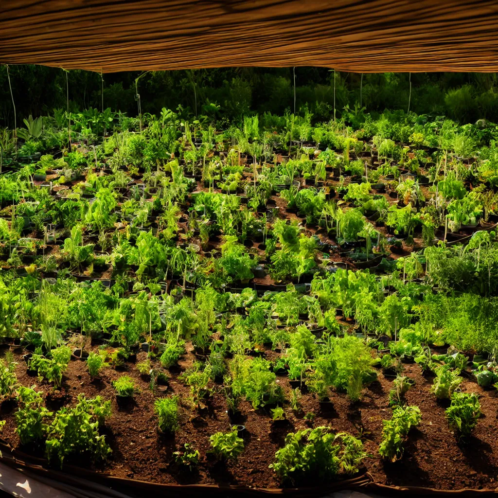 Image similar to permaculture biosphere, closed ecosystem, racks of vegetables propagated under shadecloth, in the middle of the desert, with a miniature indoor lake, XF IQ4, 150MP, 50mm, F1.4, ISO 200, 1/160s, natural light at sunset with outdoor led strip lighting