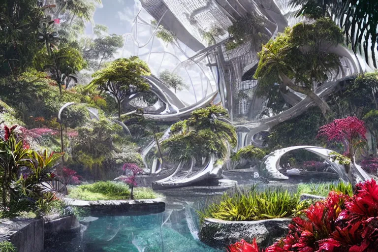 Image similar to brutalist futuristic white Aztec structures, manicured garden of eden, vivid pools and streams, tropical foliage, bromeliads, azaleas, birds, sculpture gardens, Winter, by Jessica Rossier and Brian Froud