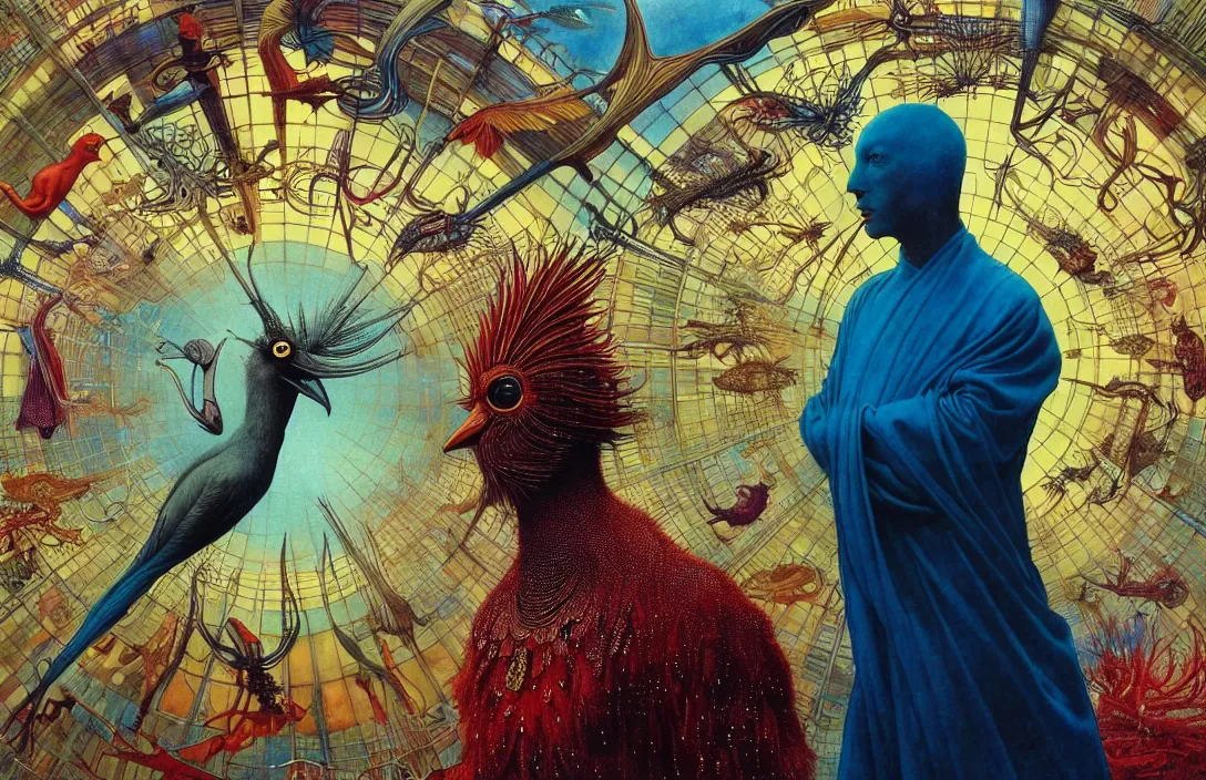 Image similar to realistic detailed portrait movie shot of a birdman wearing reflective transparent robes, sci fi city landscape background by denis villeneuve, amano, yves tanguy, alphonse mucha, ernst haeckel, max ernst, roger dean, masterpiece, rich moody colours, blue eyes