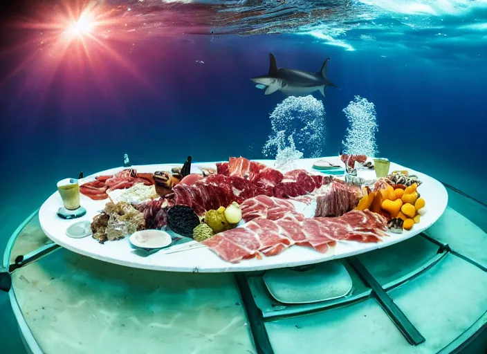 Prompt: underwater photo still of a great white shark eating a charcuterie platter at the bottom of the ocean, underwater lighting, light rays, bubbles, 8 k