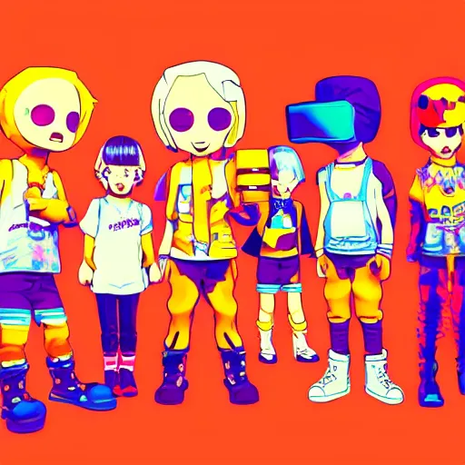 Prompt: bandphoto of chiptune band, in the style of billelis and james jean and pedro conti and stanley kubrick, inspired by die antwoord, kawaii colors, photorealistic, epic, super technical, 3 d render