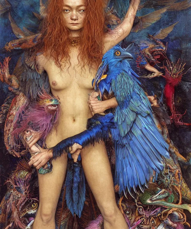 Image similar to a portrait photograph of a meditating fierce sadie sink as a colorful harpy bird super hero with blue wet amphibian skin. she has animal skin grafts and cyborg body modifications and implants. by donato giancola, hans holbein, walton ford, gaston bussiere, peter mohrbacher and brian froud. 8 k, cgsociety, fashion editorial