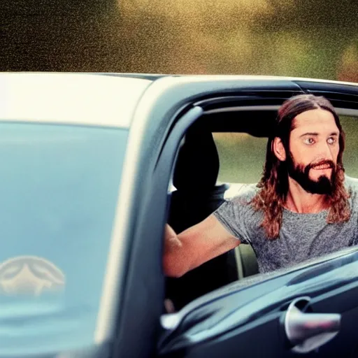 Image similar to jesus driving a car