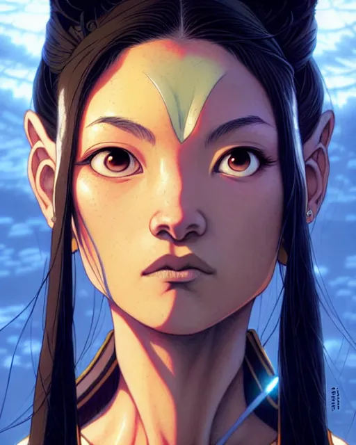 Image similar to mai from avatar the last airbender, character portrait, portrait, close up, concept art, intricate details, highly detailed by greg rutkowski, michael whelan and gustave dore